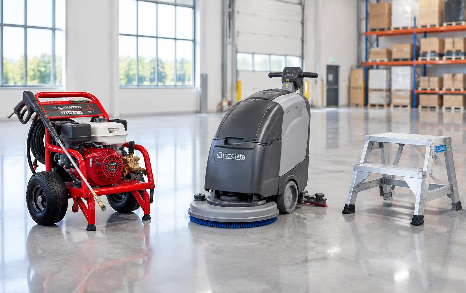 Commercial pressure washer, scrubber dryer and podium step